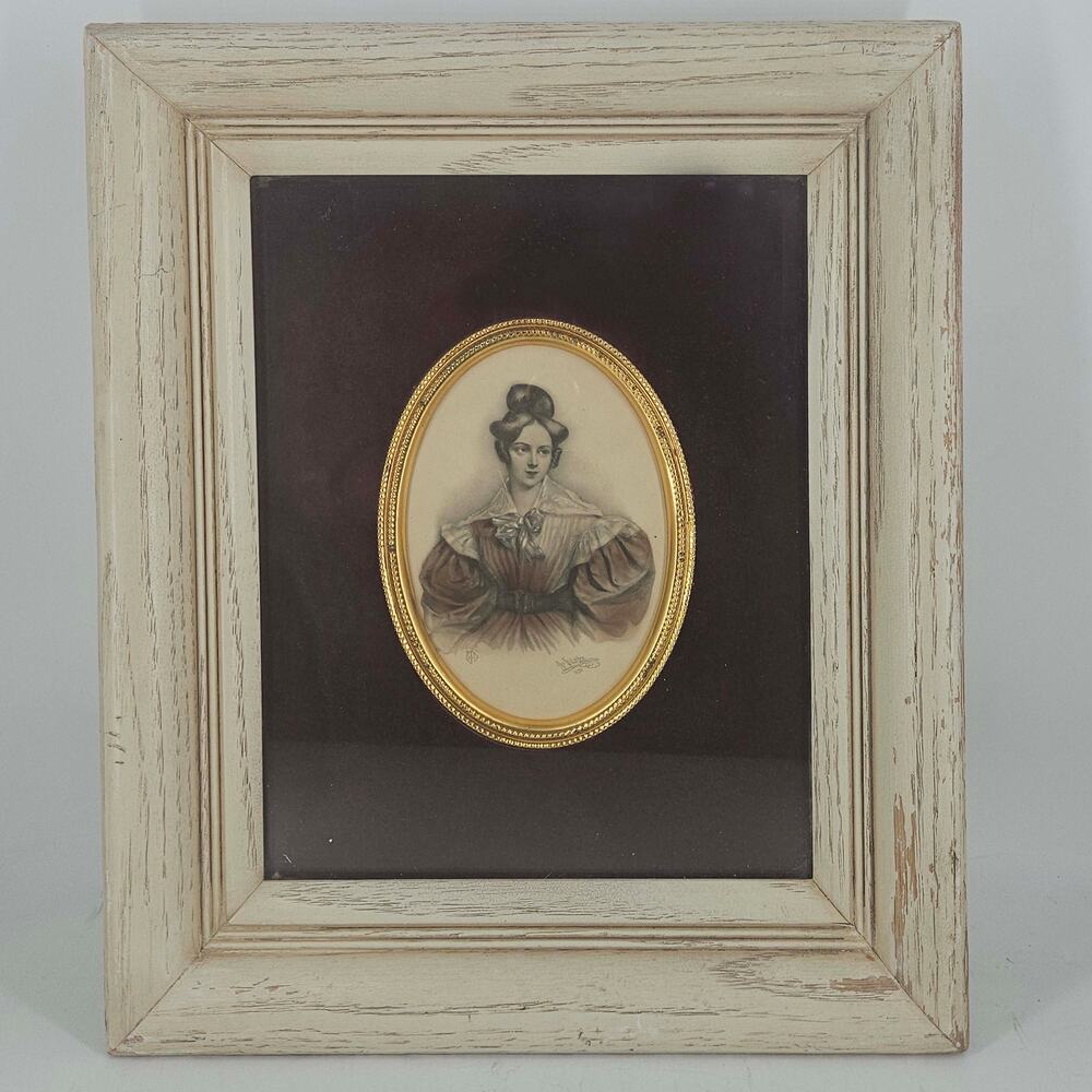 Vintage oval brass detail portrait of lady in deep well distressed white frame